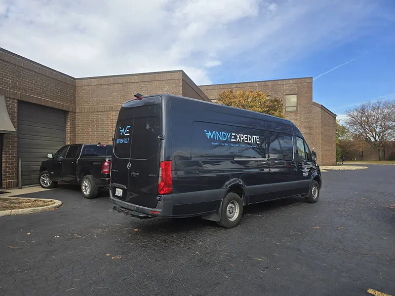 Windy Expedite Sprinter Van parked at logistics facility in Des Plaines Illinois